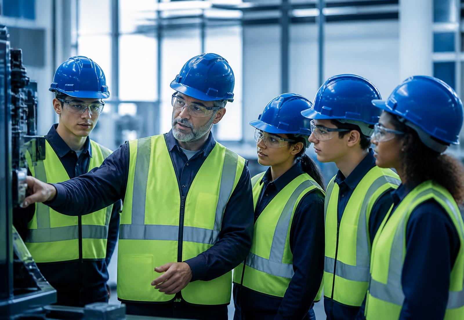 Instrutor orientando alunos em laboratório de formação técnica